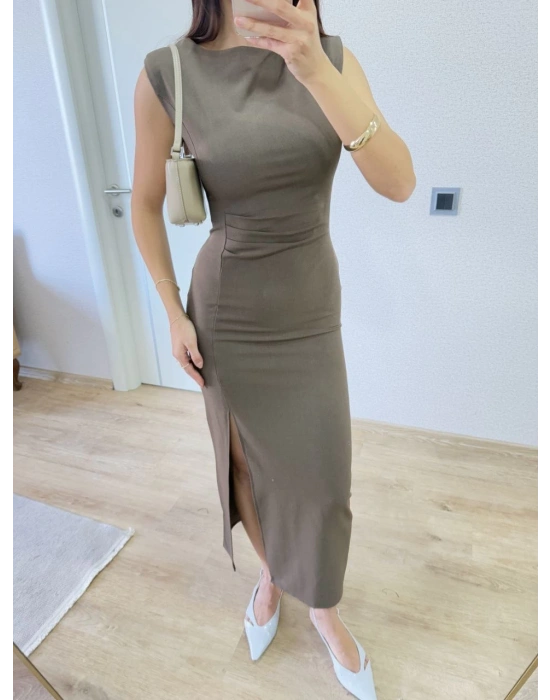 Yırtmaç Detaylı Sırtlı Kapalı Yandan Derin Yırtmaç Detaylı Kolsuz Elbise - Antrasit