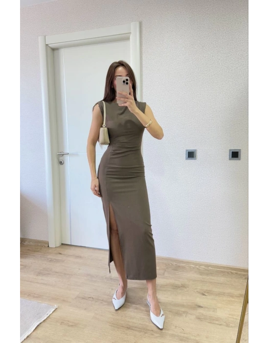 Yırtmaç Detaylı Sırtlı Kapalı Yandan Derin Yırtmaç Detaylı Kolsuz Elbise - Antrasit