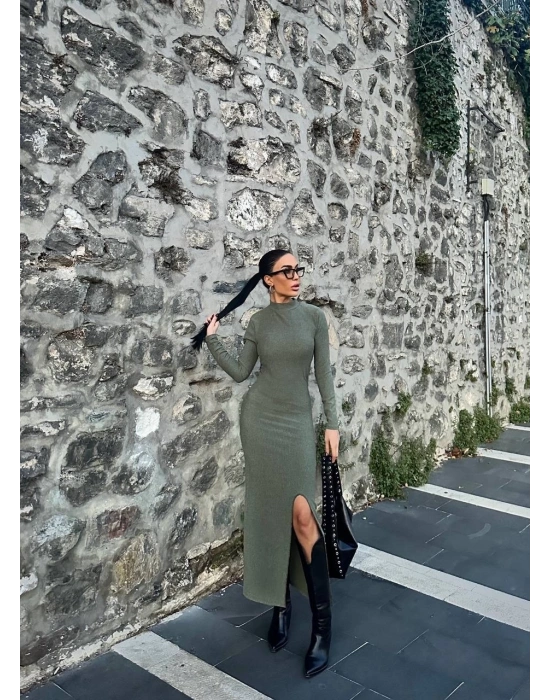 Yırtmaçlı kalın bürümcük uzun elbise Yeşil