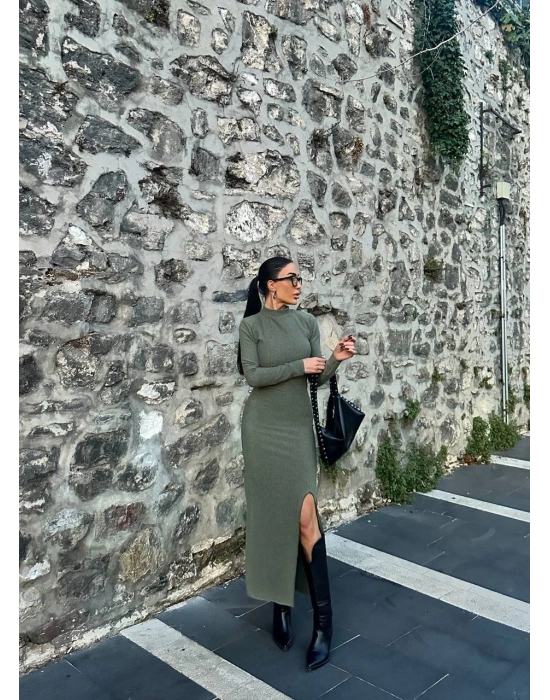 Yırtmaçlı kalın bürümcük uzun elbise Yeşil