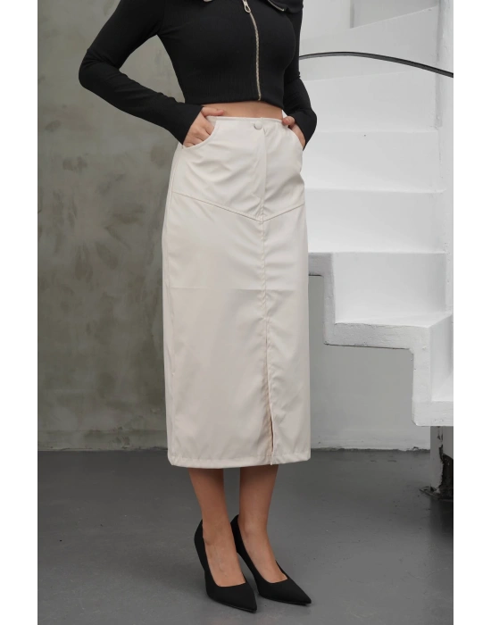 Yırtmaçlı uzun deri etek krem