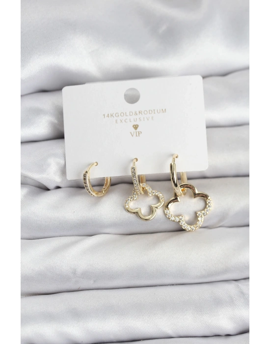 Yonca Model Gold Renk Pirinç 3lü Kadın Küpe Seti