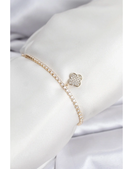 Yonca Model Zirkon Taşlı Gold Renk Asansörlü Su Yolu Bileklik