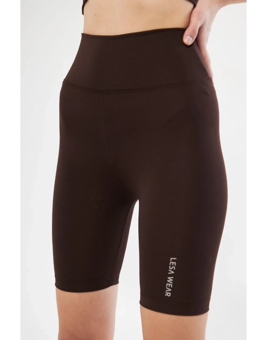 Yüksek Bel Biker Sporcu Şort - Kahve
