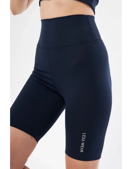 Yüksek Bel Fitilli Biker Baskılı Şort - Lacivert