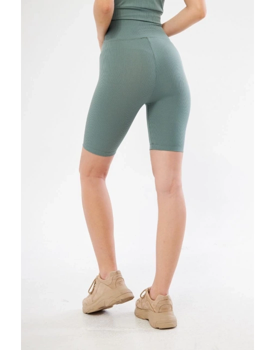 Yüksek Bel Fitilli Biker Baskılı Şort - Mint Yeşili