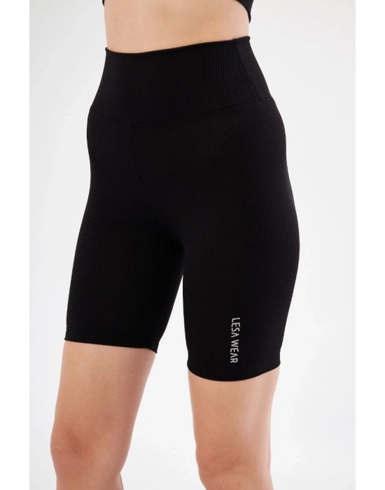 Yüksek Bel Fitilli Biker Baskılı Şort - Siyah