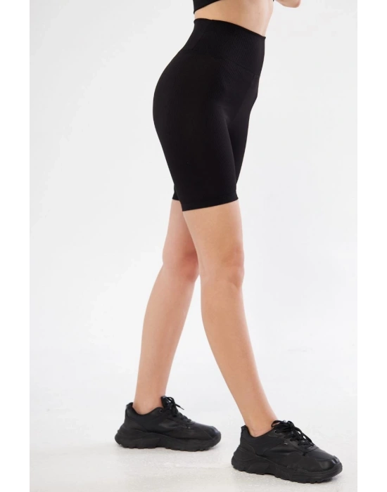 Yüksek Bel Fitilli Biker Baskılı Şort - Siyah