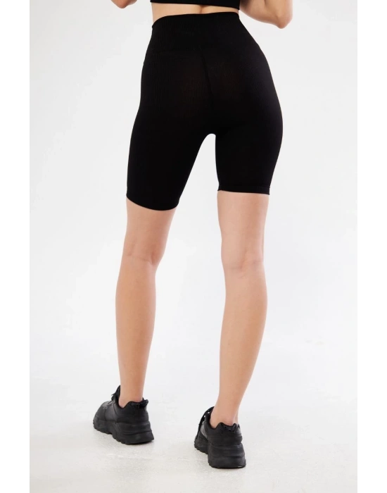 Yüksek Bel Fitilli Biker Baskılı Şort - Siyah