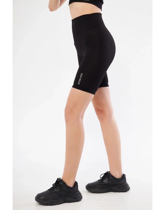 Yüksek Bel Fitilli Biker Baskılı Şort - Siyah