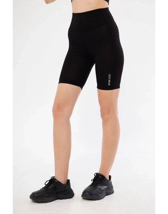 Yüksek Bel Fitilli Biker Baskılı Şort - Siyah