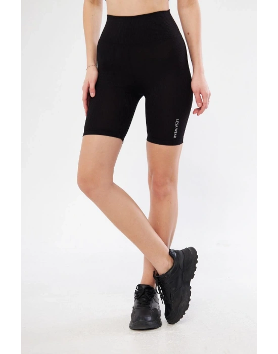 Yüksek Bel Fitilli Biker Baskılı Şort - Siyah