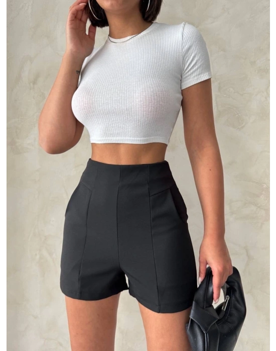 Yüksek bel parçalı double kumaş şort s25312