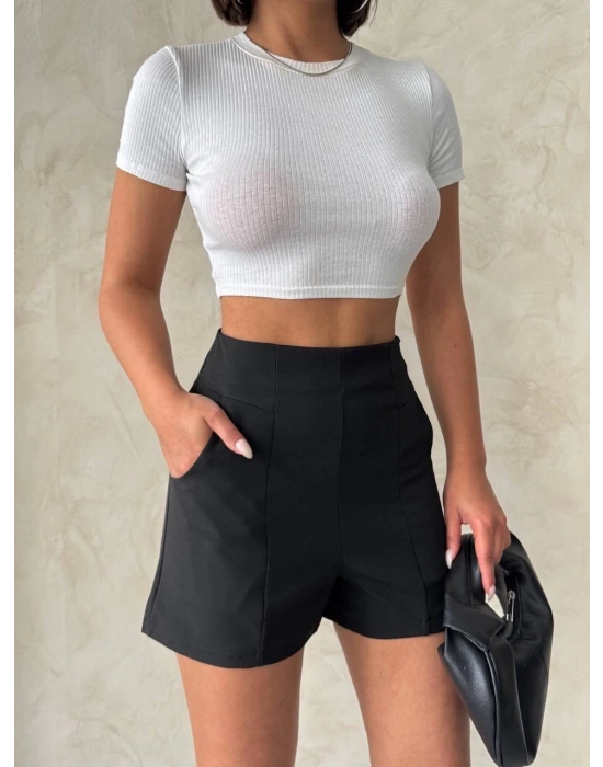 Yüksek bel parçalı double kumaş şort s25312