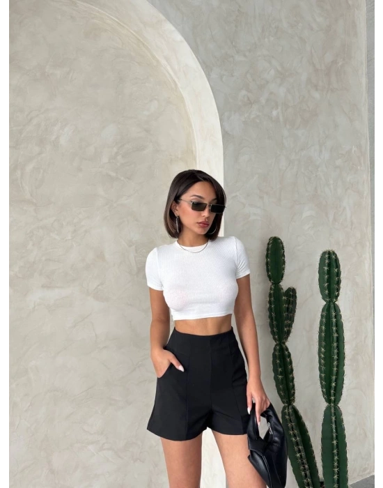 Yüksek bel parçalı double kumaş şort s25312