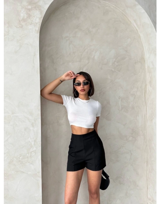 Yüksek bel parçalı double kumaş şort s25312