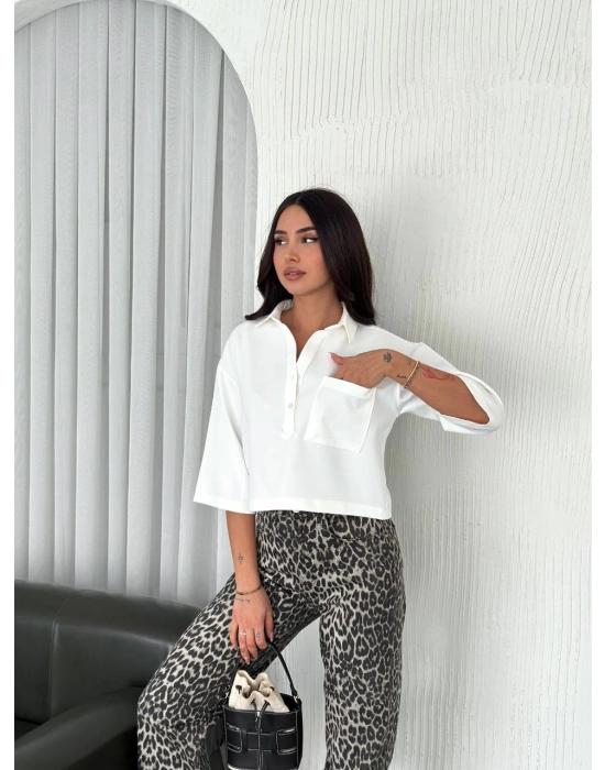 Z Krep Kadın Crop Yakalı Gömlek İlik Düğmeli Üç Çeyrek Sleeve Kol - Beyaz