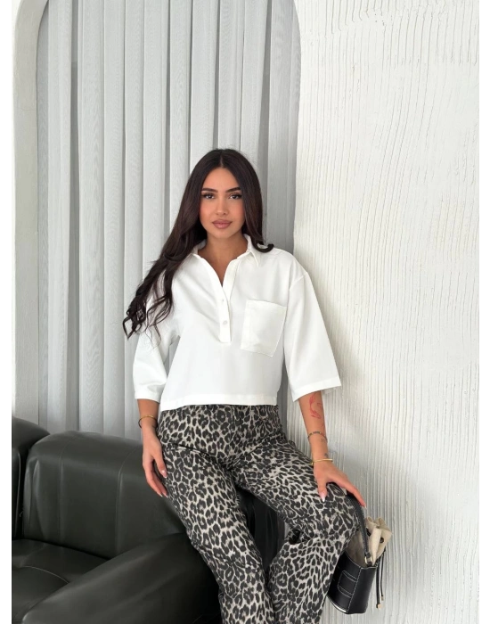 Z Krep Kadın Crop Yakalı Gömlek İlik Düğmeli Üç Çeyrek Sleeve Kol - Beyaz