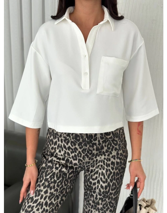 Z Krep Kadın Crop Yakalı Gömlek İlik Düğmeli Üç Çeyrek Sleeve Kol - Beyaz