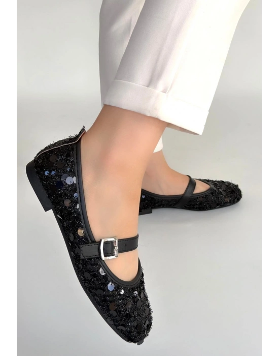 Zaty Siyah Süet Siyah Pullu Babet Ayakkabı