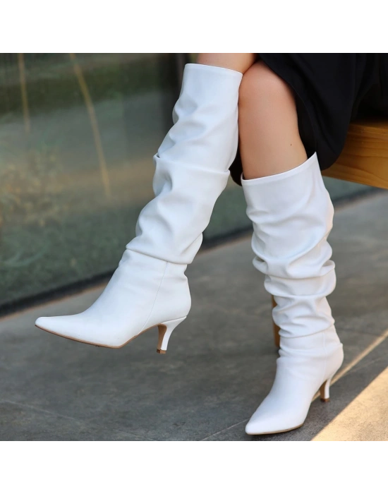 Zelya Beyaz Cilt Topuklu Çizme