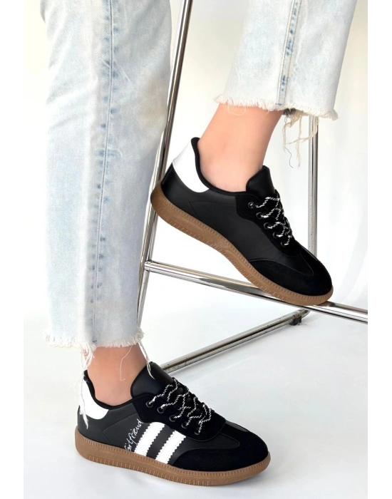 Zerti Siyah Cilt Bağcıklı Spor Ayakkabı