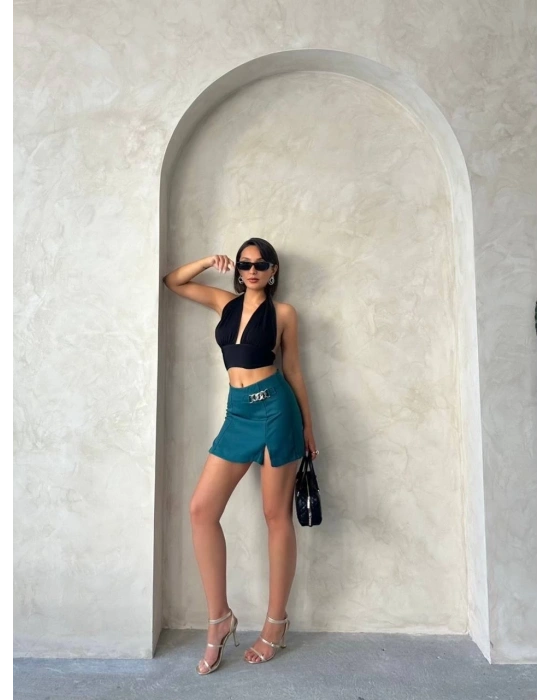 Zincirli şort etek petrol yeşili s24676