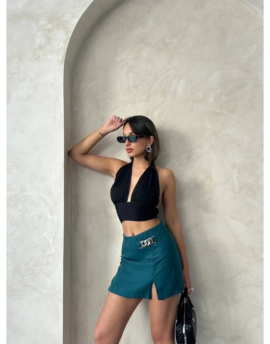 Zincirli şort etek petrol yeşili s24676