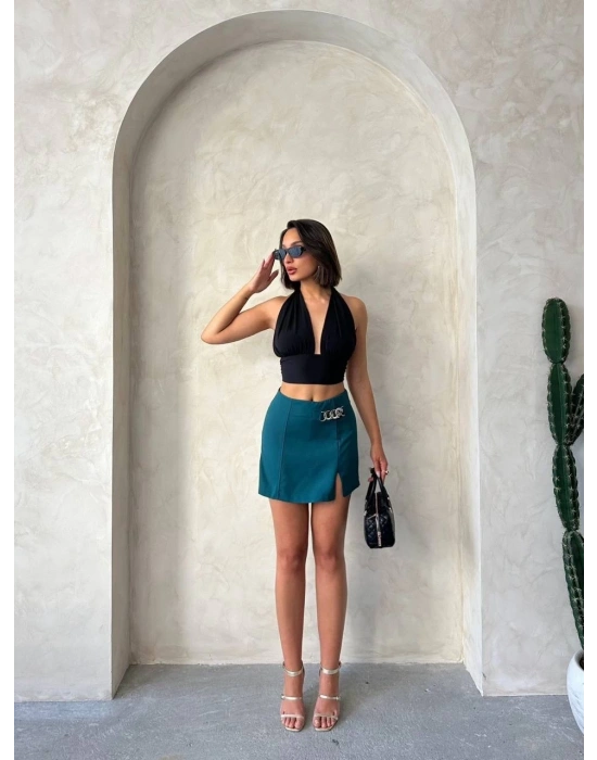 Zincirli şort etek petrol yeşili s24676
