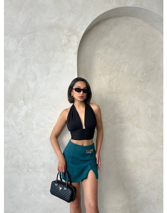 Zincirli şort etek petrol yeşili s24676