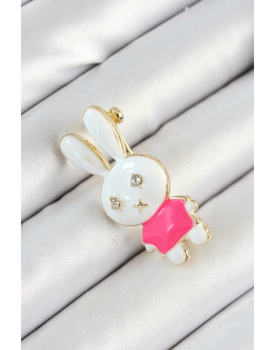 Zirkon Taş Detaylı Beyaz Ve Pembe 3D Tavşan Figürlü Kadın Broş