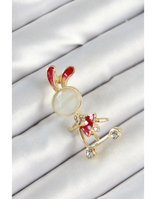 Zirkon Taş Detaylı Kırmızı 3D Scooter Süren Tavşan Kız Figürlü Gold Renk Kadın Broş