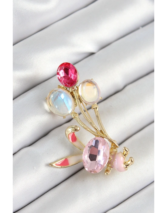 Zirkon Taşlı  Balonlu Pembe Tavşan Figürlü Gold Renk Kadın Broş