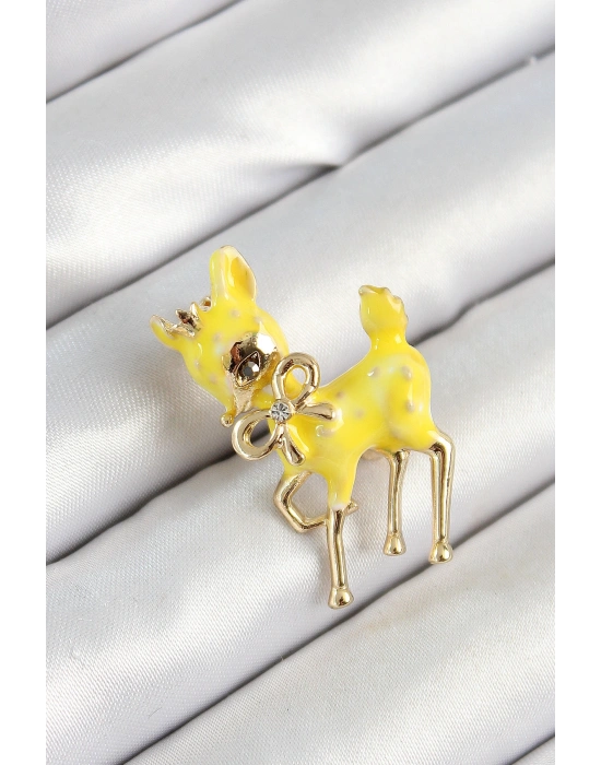 Zirkon Taşlı Fiyonk Detaylı 3D Sarı Ceylan Figürlü Gold Renk Kadın Broş