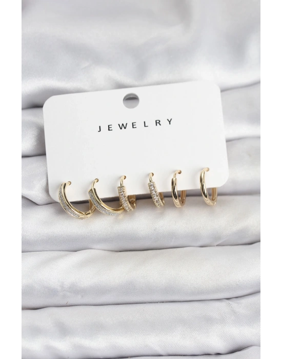 Zirkon Taşlı Gold Renk Pirinç Kadın Küpe Seti