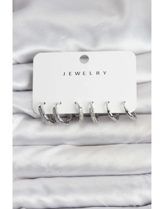 Zirkon Taşlı Gümüş Renk Pirinç Kadın Küpe Seti