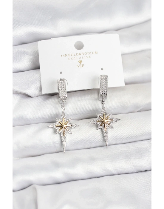 Zirkon Taşlı Gümüş Renk Pirinç Kutup Yıldızı Model Kadın Küpe