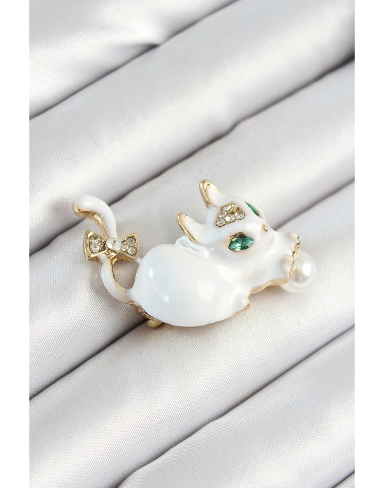 Zirkon Taşlı İnci Detaylı Beyaz 3D Kedi Figürlü Gold Renk Kadın Broş