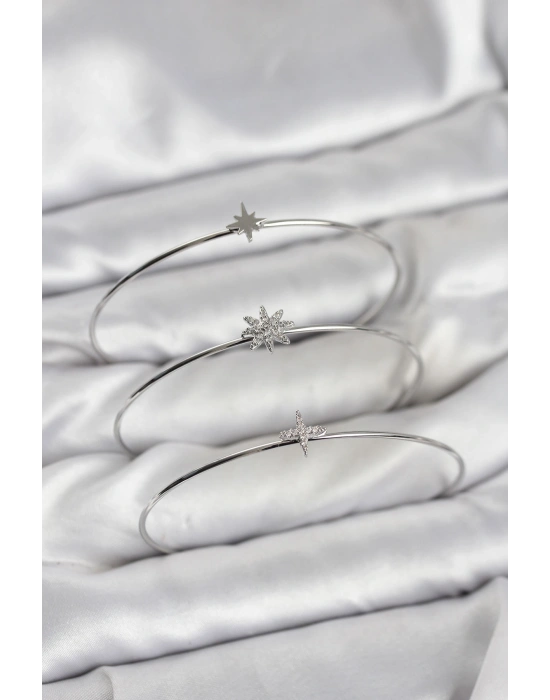 Zirkon Taşlı Kutup Yıldızı Model Gümüş Renk 3lü Kadın Bileklik Kombini