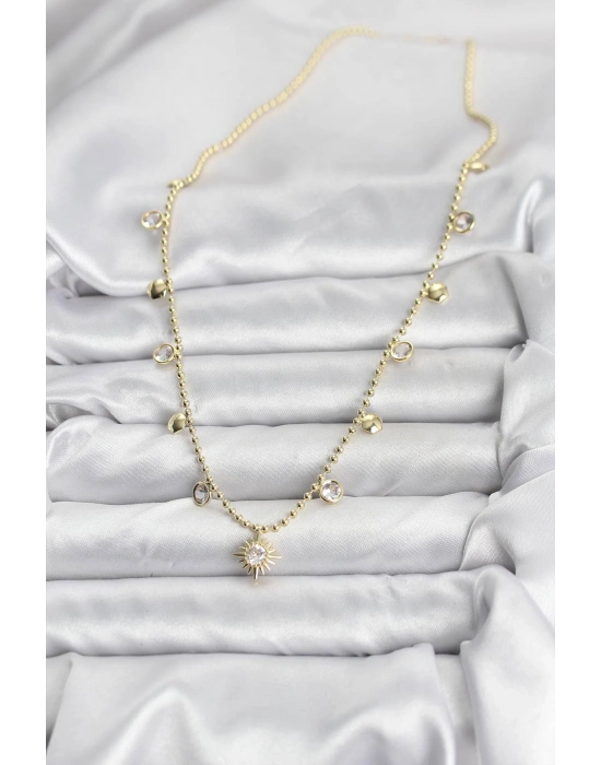 Zirkon Taşlı Kutup Yıldızı Model Pirinç Gold Renk Kadın Kolye