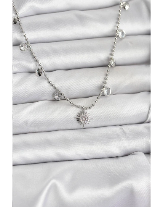 Zirkon Taşlı Kutup Yıldızı Model Pirinç Gümüş Renk Kadın Kolye