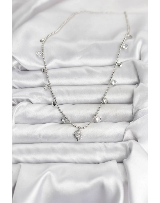 Zirkon Taşlı Kutup Yıldızı Model Pirinç Gümüş Renk Kadın Kolye