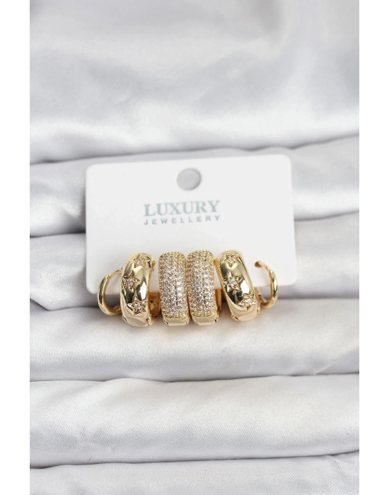 Zirkon Taşlı Pirinç Gold Renk Halka Kadın Küpe Seti