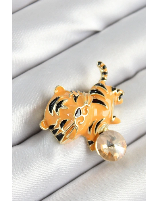 Zirkon Taşlı Siyah Çizgili Turuncu Kaplan Figürlü Gold Renk Kadın Broş