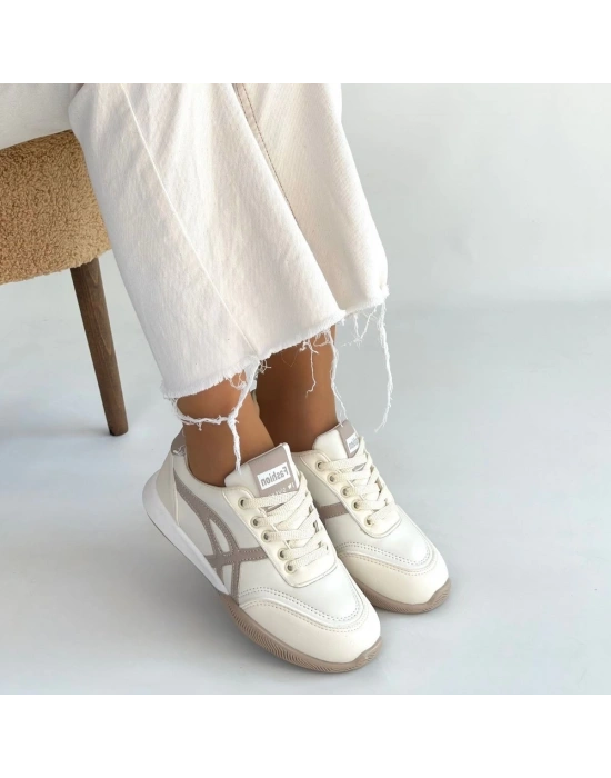 Zlay Bej Cilt Vizon Detaylı Bağcıklı Spor Ayakkabı