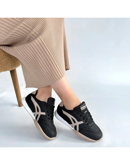 Zlay Siyah Cilt Bej Detaylı Bağcıklı Spor Ayakkabı