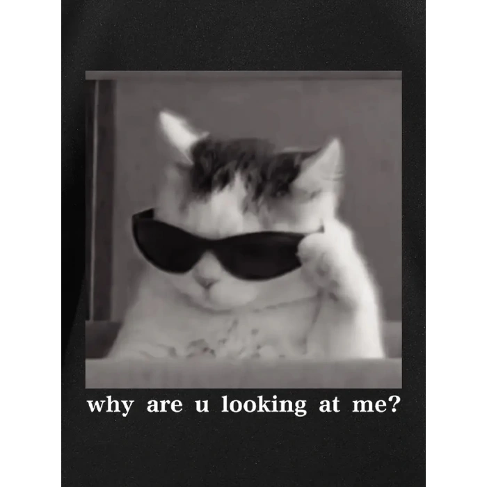 Neden Bana Bakıyorsun? Komik Kedi Grafik Tişört - Dijital Baskılı Siyah Bol Kesim Streetwear Tişört, Erkekler için Dört Mevsim Günlük Gömlek - Siyah