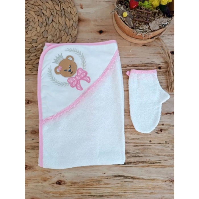 0-1 Yaş Bear Nakışlı El Keseli 2Li Kız Bebek Havlu Takımı Pembe