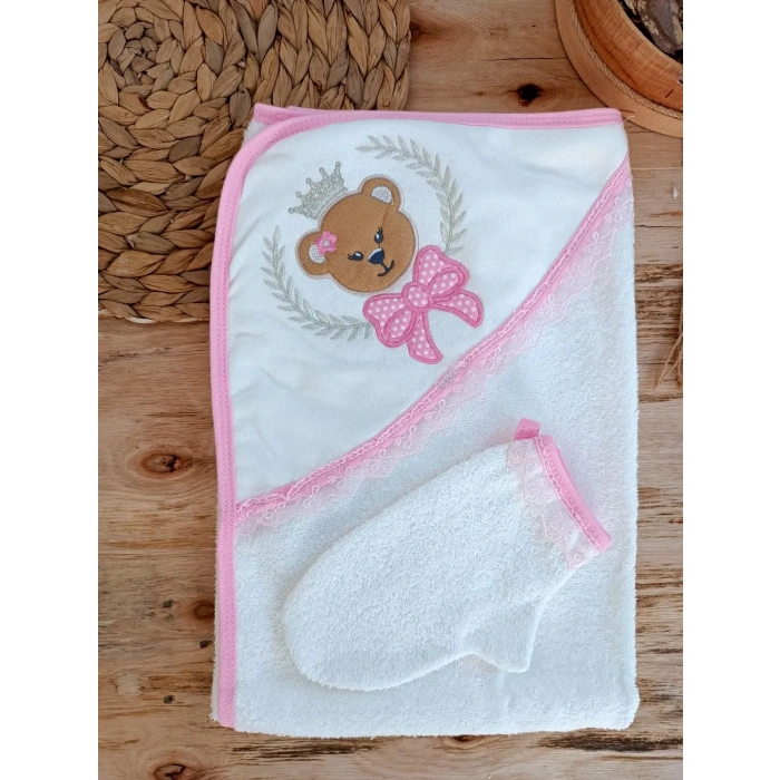 0-1 Yaş Bear Nakışlı El Keseli 2Li Kız Bebek Havlu Takımı Pembe