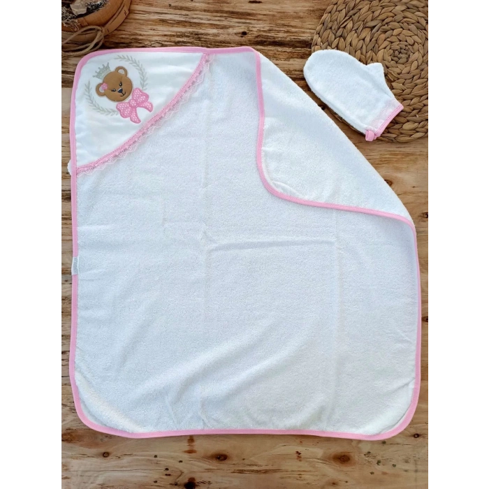 0-1 Yaş Bear Nakışlı Pareolu 4Lü Kız Bebek Havlu Silgi Takımı Pembe